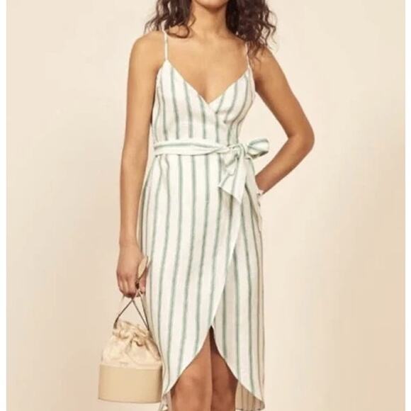 Reformation Women Court Linen Wrap Midi Dress Green Stripe Sm Petite Whispercore - Picture 1 of 7
